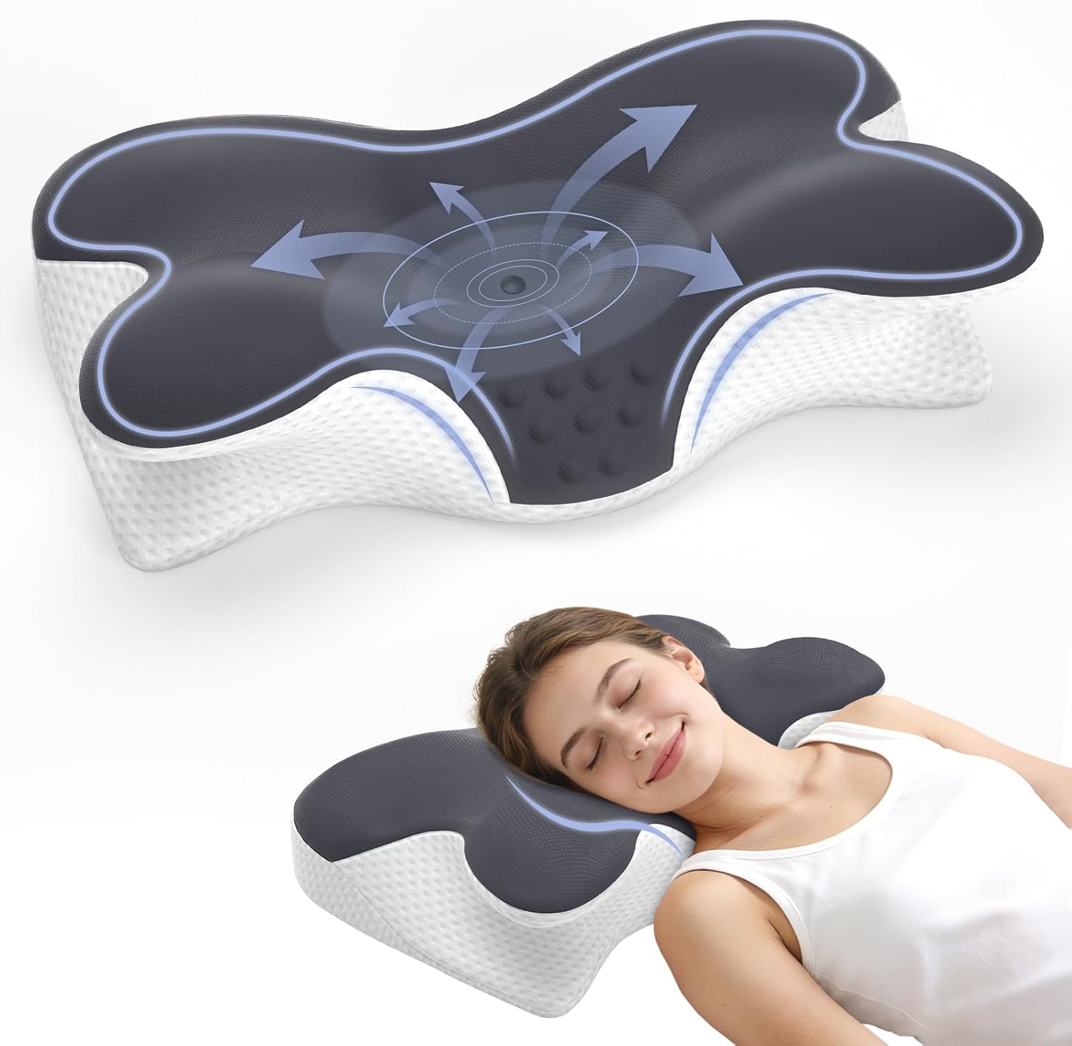 BNXIANG gray and white butterfly contour memory foam pillow, shown with a side sleeper